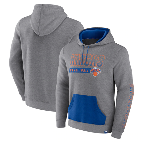 Men's New York Knicks Heathered Gray Off The Bench Color Block Pullover Hoodie Men's New York Knicks Heathered Gray Off The Bench Color Block Pullover Hoodie